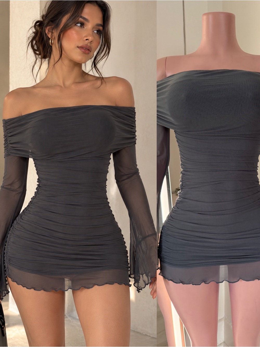 Off-Shoulder Ruched Mini Dress in Charcoal